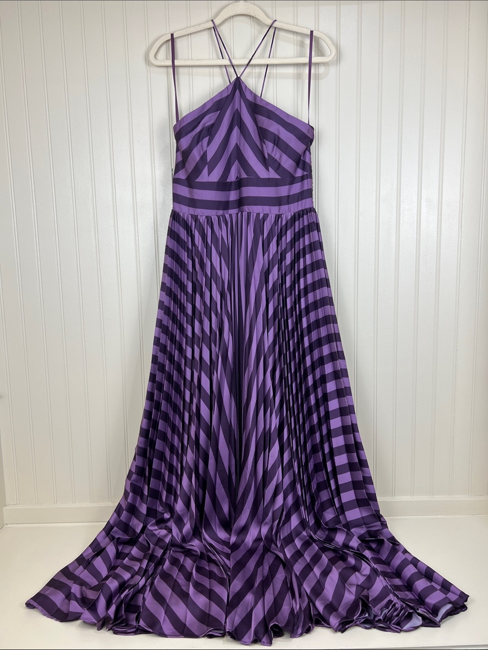 NWT Anthropologie Hutch Dolly Halter Pleated Maxi Dress Purple Striped Medium - Picture 2 of 12